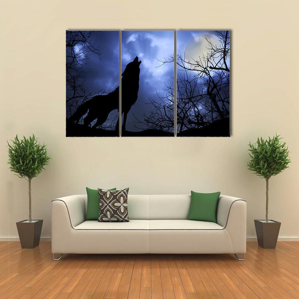 Wolf Howling In Dark Canvas Wall Art-3 Horizontal-Gallery Wrap-37" x 24"-Tiaracle