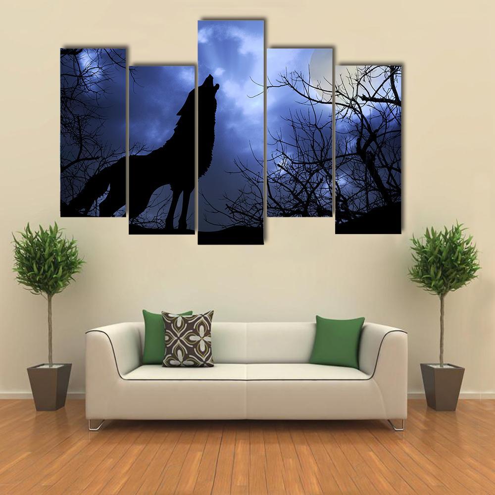 Wolf Howling In Dark Canvas Wall Art-5 Pop-Gallery Wrap-47" x 32"-Tiaracle