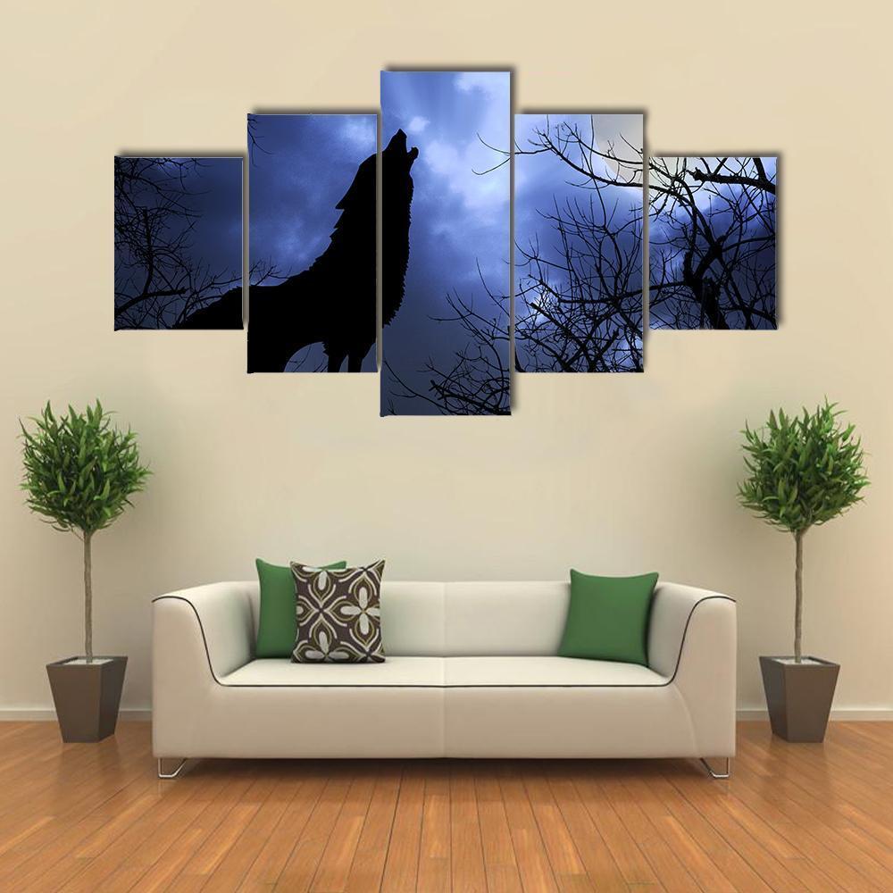 Wolf Howling In Dark Canvas Wall Art-5 Star-Gallery Wrap-62" x 32"-Tiaracle