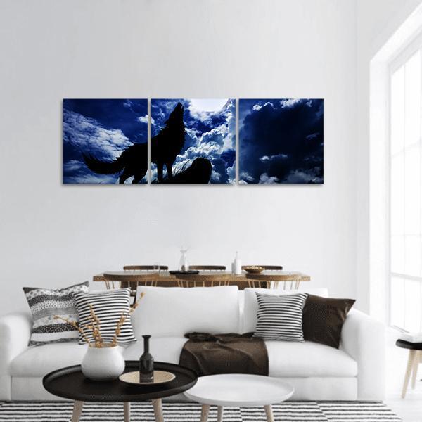 Wolf Howling Under Moon Panoramic Canvas Wall Art-3 Piece-25" x 08"-Tiaracle