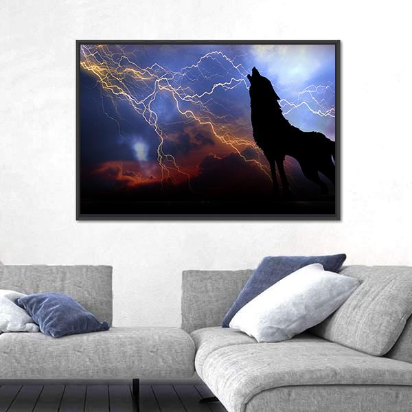 Wolf Howling In Thunder Canvas Wall Art-5 Horizontal-Gallery Wrap-22" x 12"-Tiaracle
