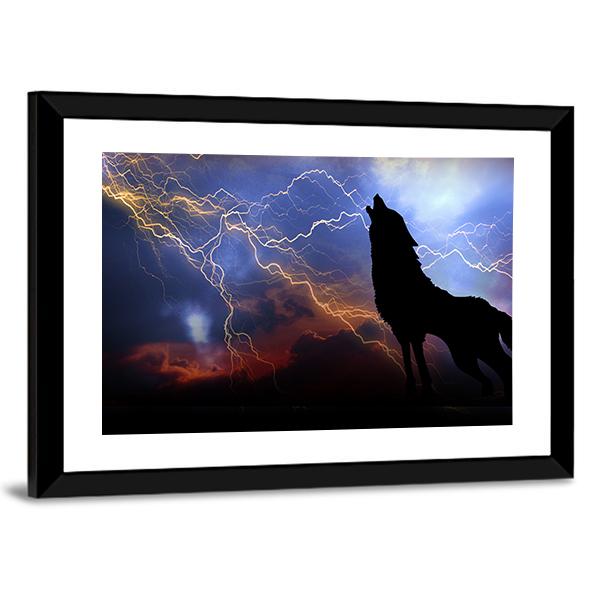 Wolf Howling In Thunder Canvas Wall Art-5 Horizontal-Gallery Wrap-22" x 12"-Tiaracle