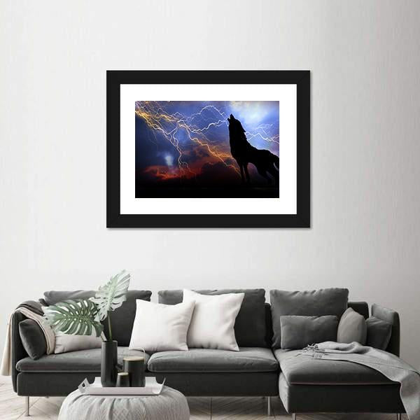 Wolf Howling In Thunder Canvas Wall Art-5 Horizontal-Gallery Wrap-22" x 12"-Tiaracle