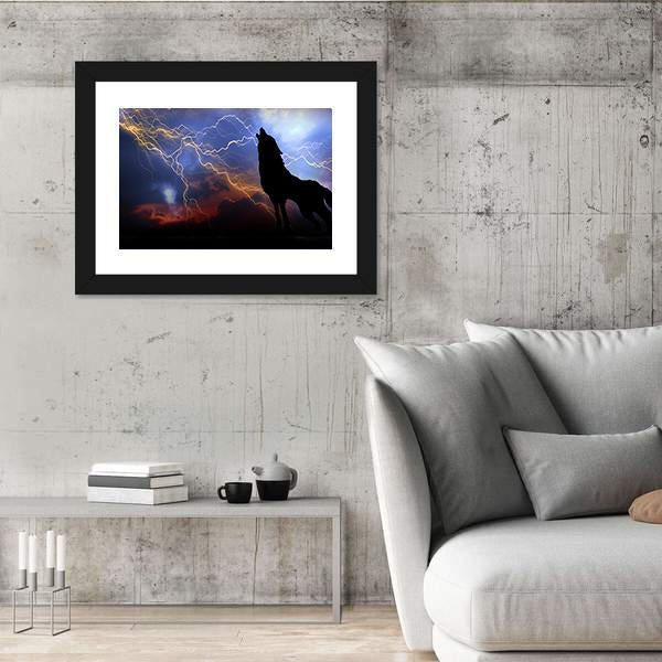 Wolf Howling In Thunder Canvas Wall Art-5 Horizontal-Gallery Wrap-22" x 12"-Tiaracle