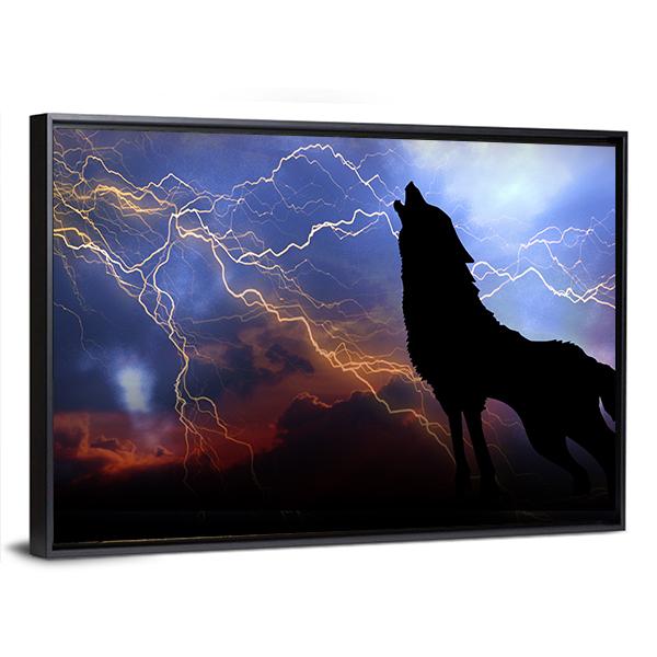 Wolf Howling In Thunder Canvas Wall Art-5 Horizontal-Gallery Wrap-22" x 12"-Tiaracle