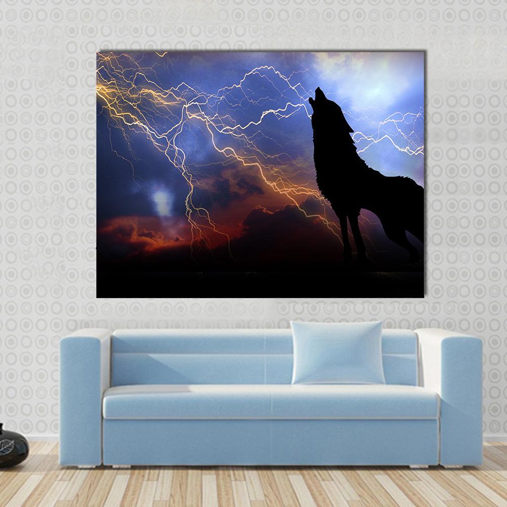 Howling Wolf in Thunderstorm Canvas Wall Art in black, yellow and blue, single panel hung on a wall