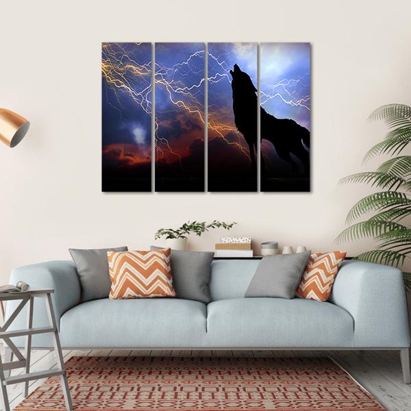 Wolf Howling In Thunder Canvas Wall Art-4 Horizontal-Gallery Wrap-34" x 24"-Tiaracle
