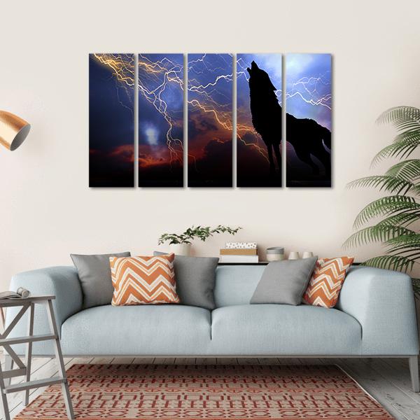 Wolf Howling In Thunder Canvas Wall Art-5 Horizontal-Gallery Wrap-22" x 12"-Tiaracle