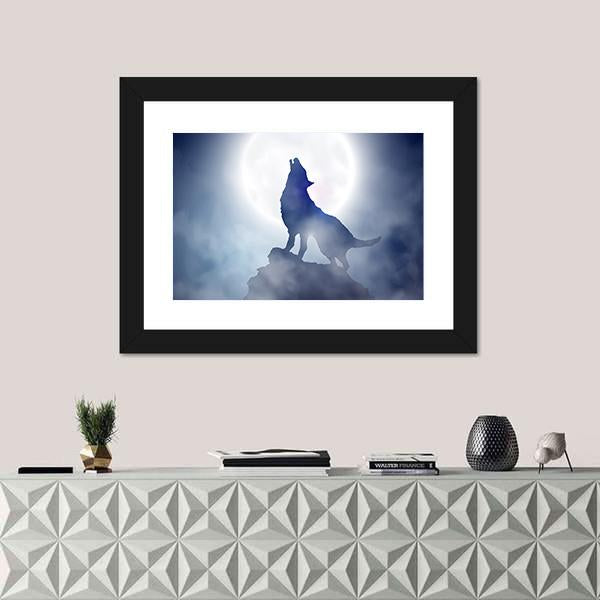Wolf Howling On Moon Night Canvas Wall Art-1 Piece-Framed Print-20&quot; x 16&quot;-Tiaracle