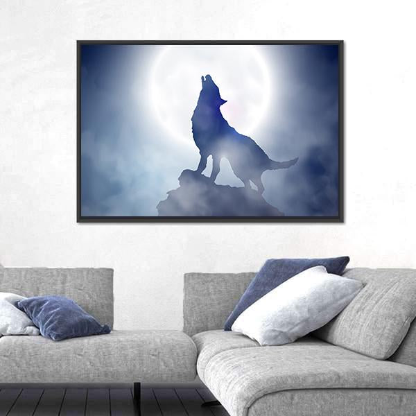 Wolf Howling On Moon Night Canvas Wall Art - Tiaracle