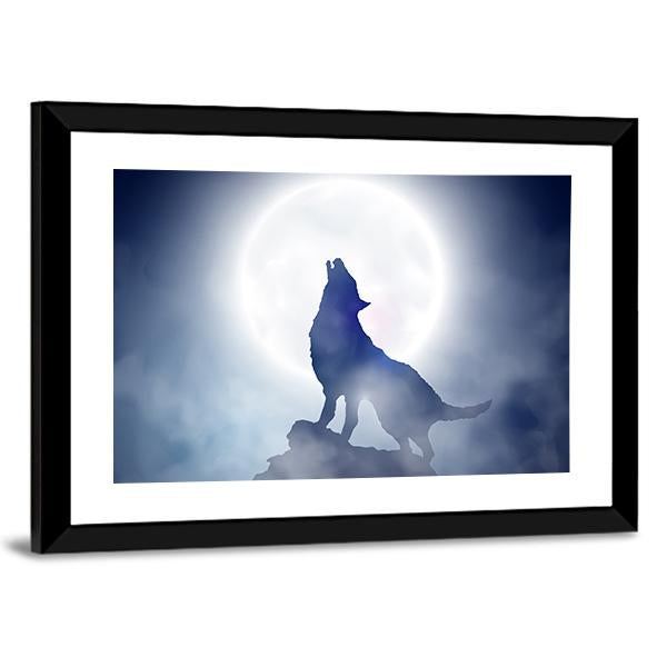 Wolf Howling On Moon Night Canvas Wall Art-5 Horizontal-Gallery Wrap-22" x 12"-Tiaracle