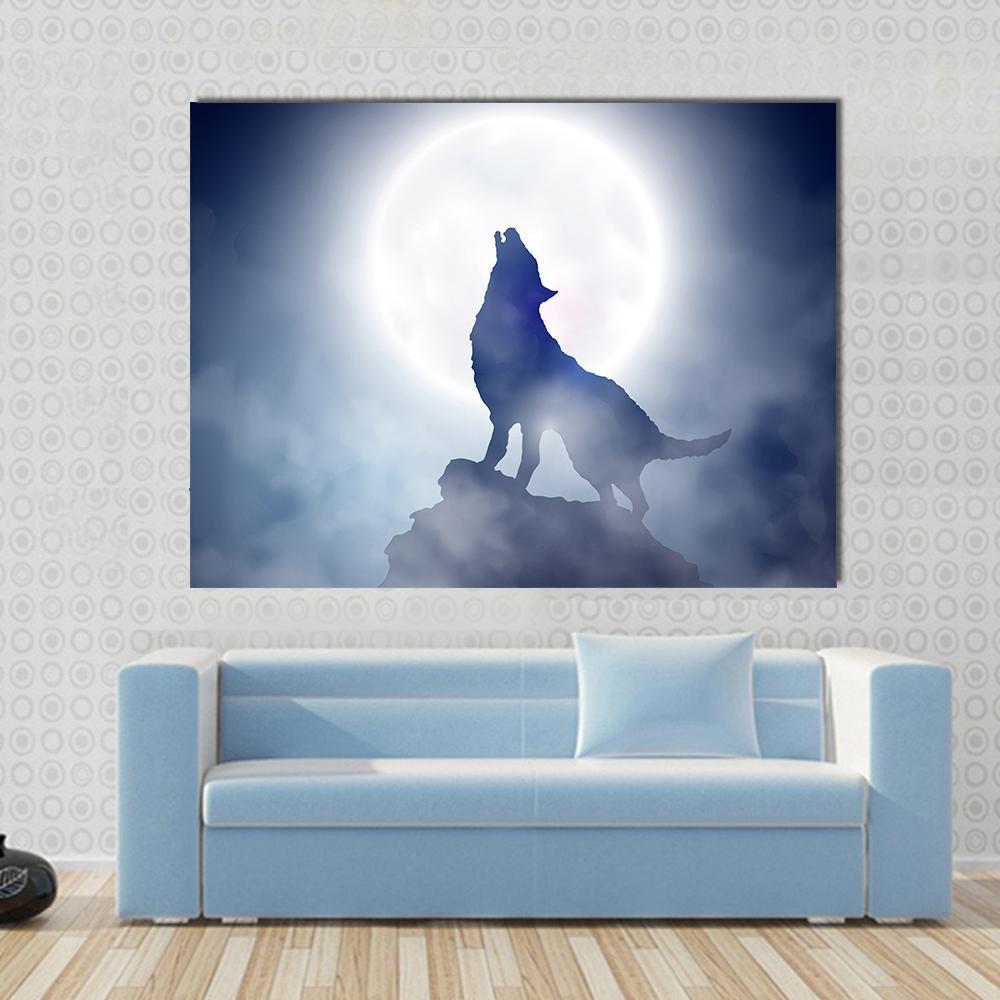 Wolf Howling at Moon Canvas Wall Art in white, blue and navy, single panel hung on a wall