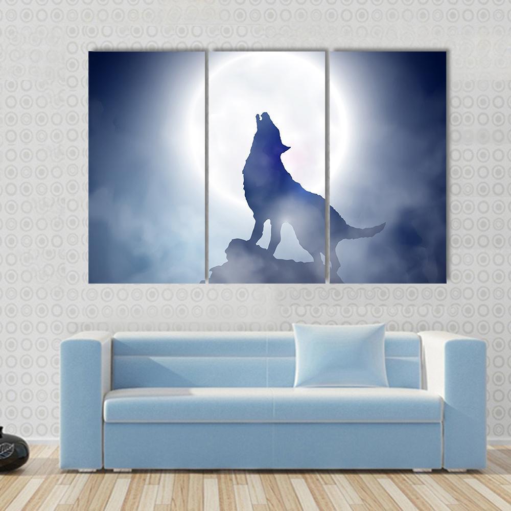 Wolf Howling On Moon Night Canvas Wall Art-3 Horizontal-Gallery Wrap-37&quot; x 24&quot;-Tiaracle