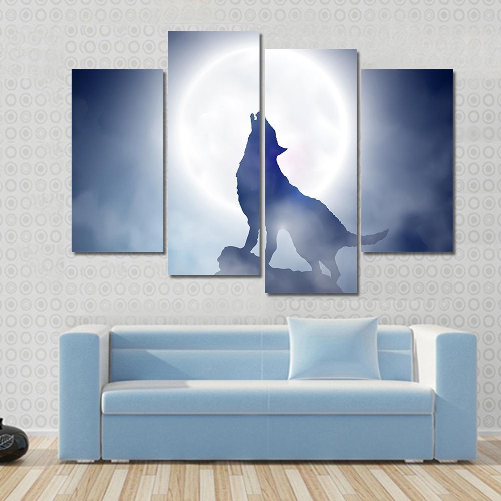 Wolf Howling On Moon Night Canvas Wall Art-4 Pop-Gallery Wrap-50&quot; x 32&quot;-Tiaracle