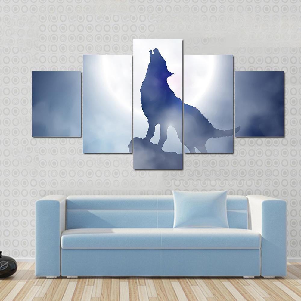 Wolf Howling On Moon Night Canvas Wall Art-5 Star-Gallery Wrap-62" x 32"-Tiaracle