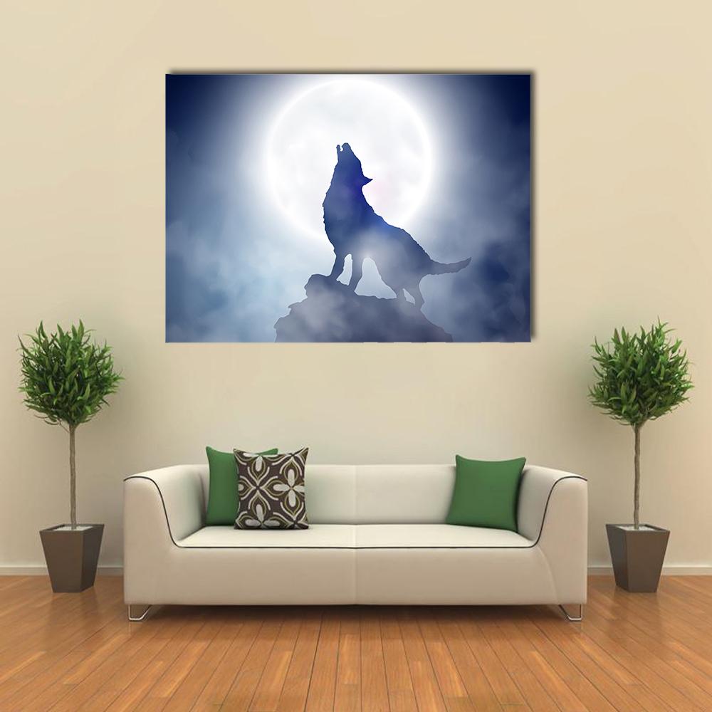 Wolf Howling On Moon Night Canvas Wall Art-5 Horizontal-Gallery Wrap-22" x 12"-Tiaracle