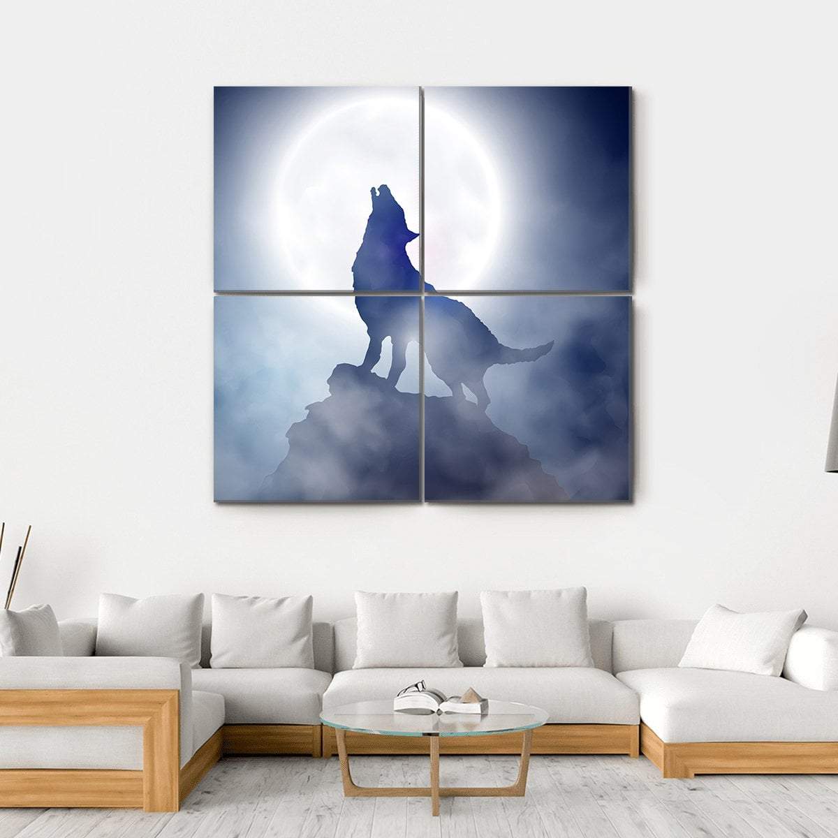 Wolf Howling On Moon Night Canvas Wall Art-4 Square-Gallery Wrap-17" x 17"-Tiaracle
