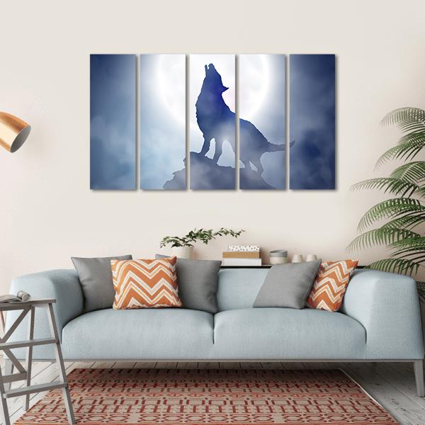Wolf Howling On Moon Night Canvas Wall Art-5 Horizontal-Gallery Wrap-22" x 12"-Tiaracle