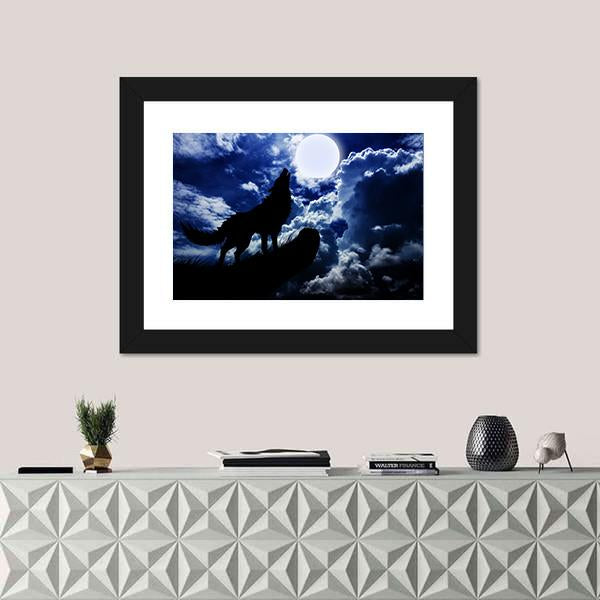 Wolf Howling Under Moon Canvas Wall Art-1 Piece-Framed Print-20" x 16"-Tiaracle