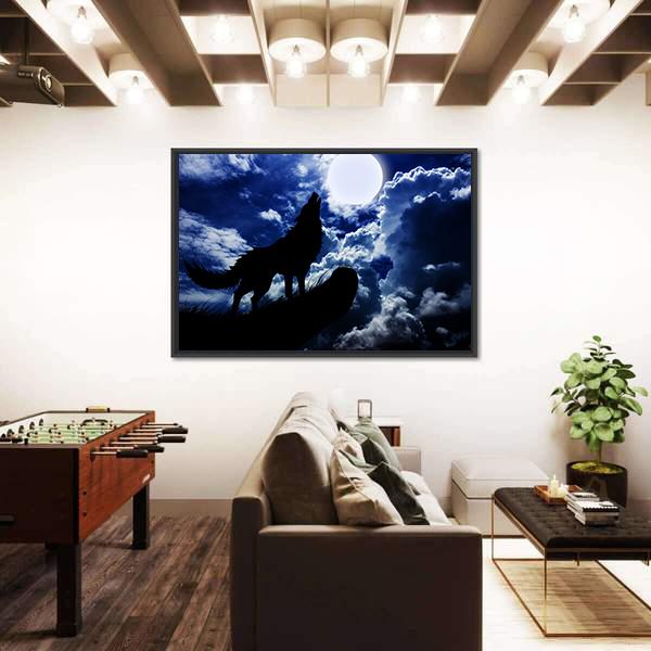 Wolf Howling Under Moon Canvas Wall Art-3 Horizontal-Gallery Wrap-25" x 16"-Tiaracle