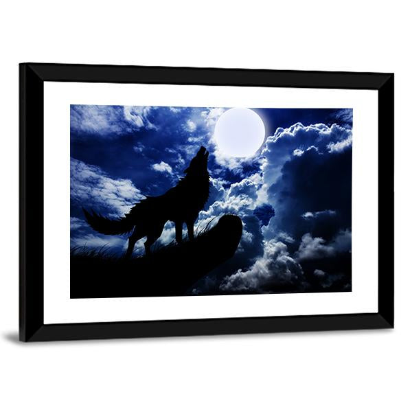 Wolf Howling Under Moon Canvas Wall Art-3 Horizontal-Gallery Wrap-25" x 16"-Tiaracle