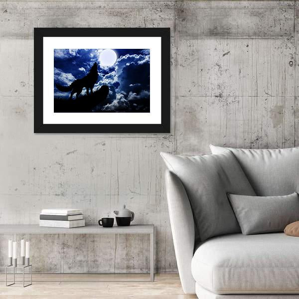 Wolf Howling Under Moon Canvas Wall Art-5 Horizontal-Gallery Wrap-22" x 12"-Tiaracle