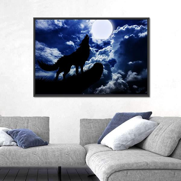 Wolf Howling Under Moon Panoramic Canvas Wall Art-1 Piece-36" x 12"-Tiaracle