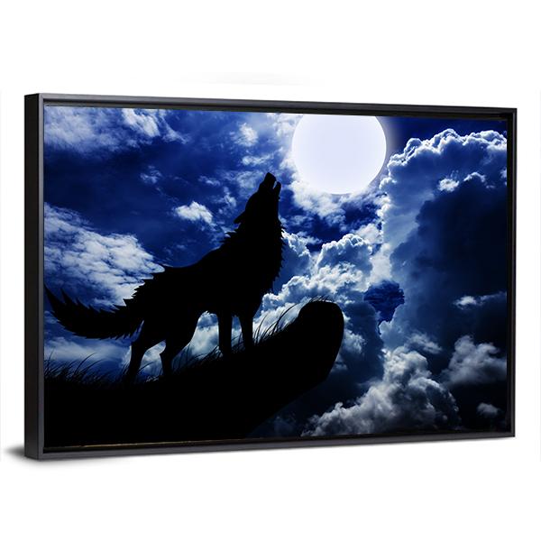 Wolf Howling Under Moon Panoramic Canvas Wall Art-1 Piece-36" x 12"-Tiaracle