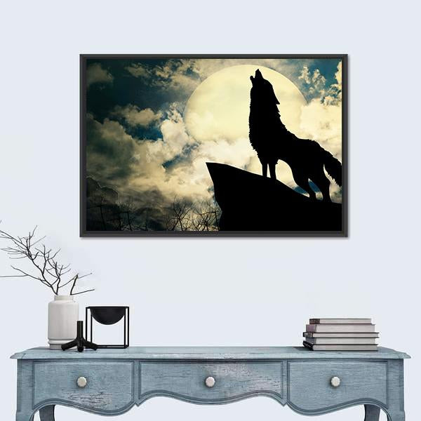 Wolf In Silhouette Howling To The Full Moon Canvas Wall Art-3 Horizontal-Gallery Wrap-25" x 16"-Tiaracle