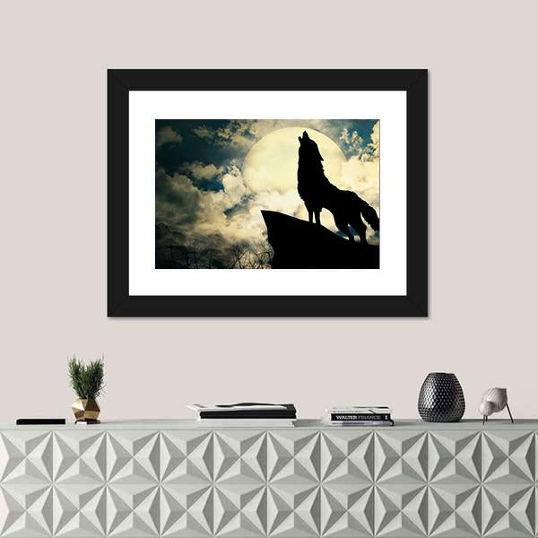 Wolf In Silhouette Howling To The Full Moon Canvas Wall Art-1 Piece-Framed Print-20" x 16"-Tiaracle