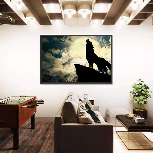 Wolf In Silhouette Howling To The Full Moon Canvas Wall Art-3 Horizontal-Gallery Wrap-25" x 16"-Tiaracle