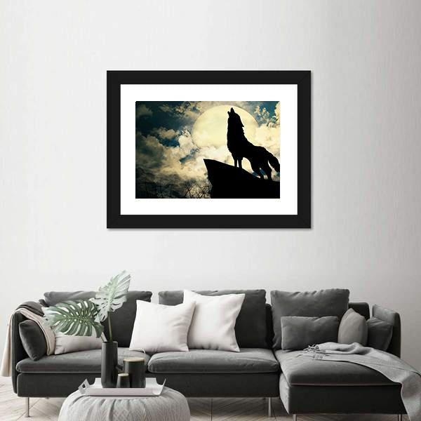 Wolf In Silhouette Howling To The Full Moon Canvas Wall Art-5 Horizontal-Gallery Wrap-22" x 12"-Tiaracle