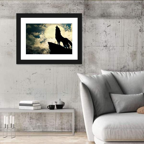 Wolf In Silhouette Howling To The Full Moon Canvas Wall Art-5 Horizontal-Gallery Wrap-22" x 12"-Tiaracle