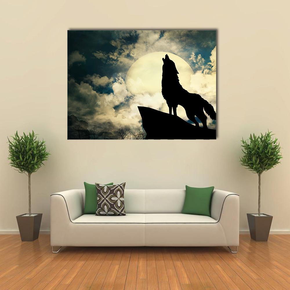 Wolf Howling at Full Moon Canvas Wall Art in black, yellow and blue, single panel hung on a wall