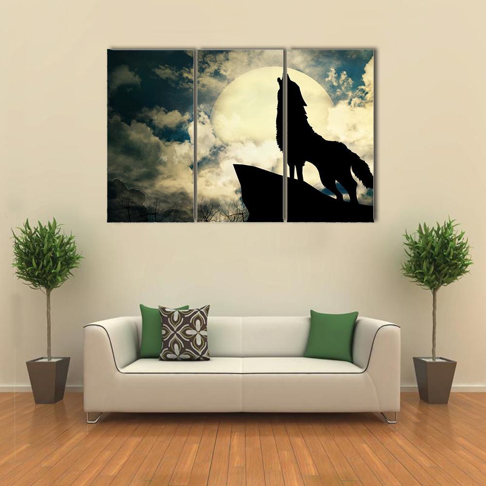 Wolf In Silhouette Howling To The Full Moon Canvas Wall Art-3 Horizontal-Gallery Wrap-37" x 24"-Tiaracle