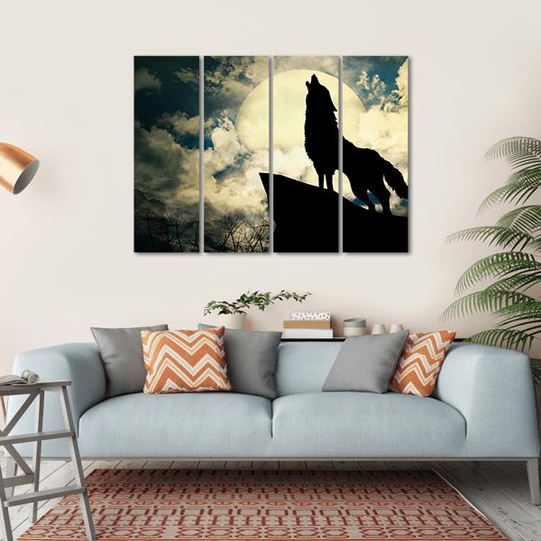 Wolf In Silhouette Howling To The Full Moon Canvas Wall Art-4 Horizontal-Gallery Wrap-34" x 24"-Tiaracle