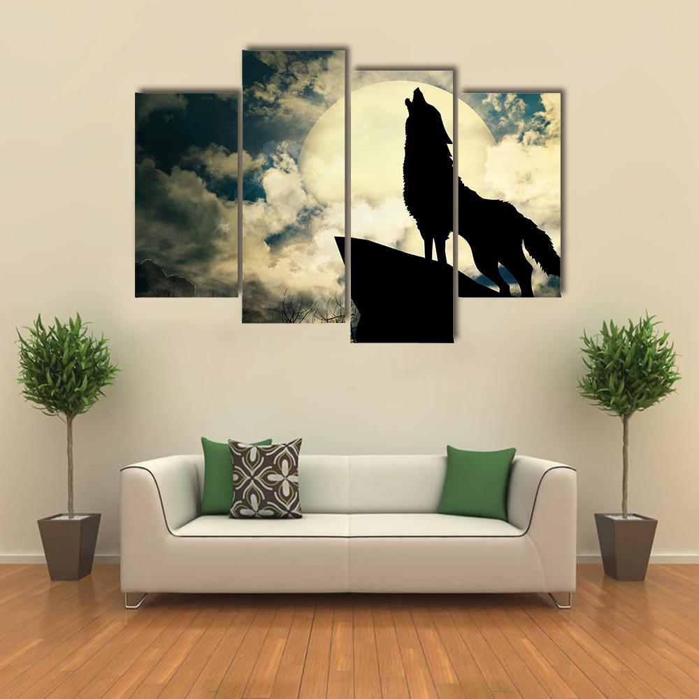Wolf In Silhouette Howling To The Full Moon Canvas Wall Art-4 Pop-Gallery Wrap-50" x 32"-Tiaracle