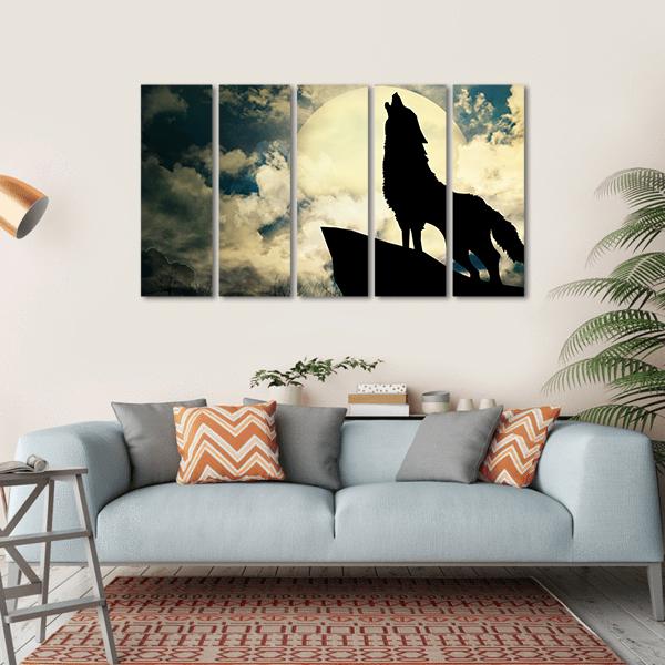 Wolf In Silhouette Howling To The Full Moon Canvas Wall Art-5 Horizontal-Gallery Wrap-22" x 12"-Tiaracle
