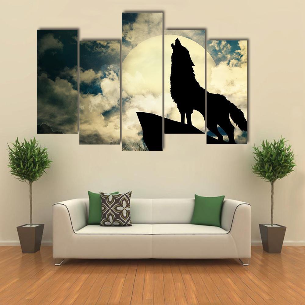 Wolf In Silhouette Howling To The Full Moon Canvas Wall Art-1 Piece-Gallery Wrap-48" x 32"-Tiaracle