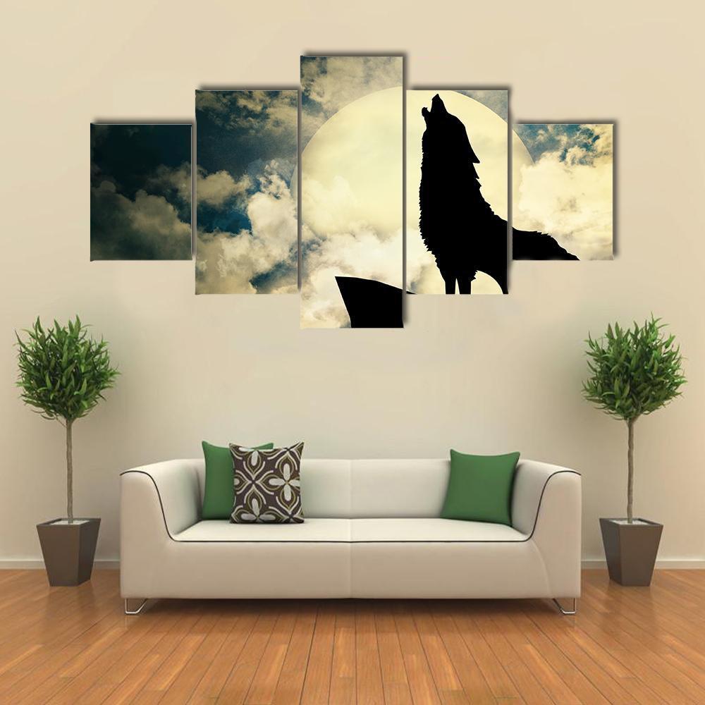 Wolf In Silhouette Howling To The Full Moon Canvas Wall Art-5 Star-Gallery Wrap-62" x 32"-Tiaracle