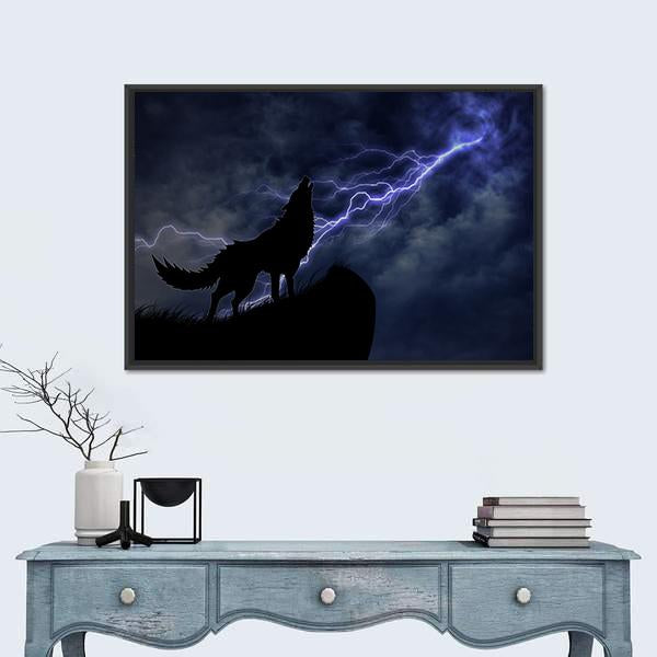 Wolf In Silhouette To Thunderstorm Canvas Wall Art-1 Piece-Floating Frame-36" x 24"-Tiaracle
