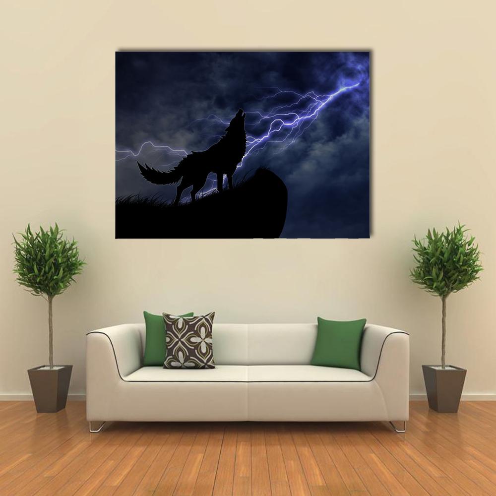 Howling Wolf in Lightning Storm Canvas Wall Art in black, blue and purple, single panel hung on a wall