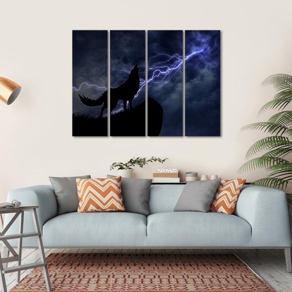 Wolf In Silhouette To Thunderstorm Canvas Wall Art-4 Horizontal-Gallery Wrap-34&quot; x 24&quot;-Tiaracle