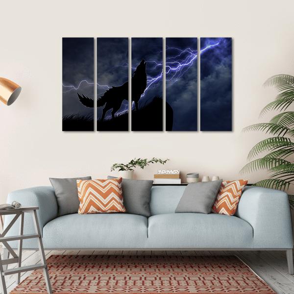 Wolf In Silhouette To Thunderstorm Canvas Wall Art-5 Horizontal-Gallery Wrap-22" x 12"-Tiaracle