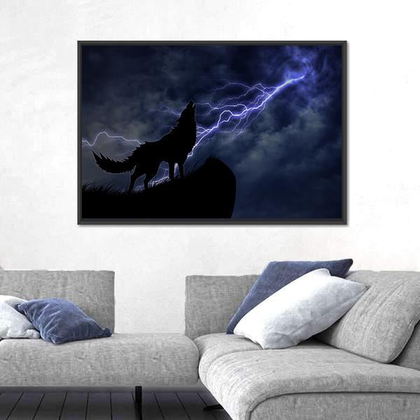 Wolf In Silhouette To Thunderstorm Panoramic Canvas Wall Art-1 Piece-36" x 12"-Tiaracle