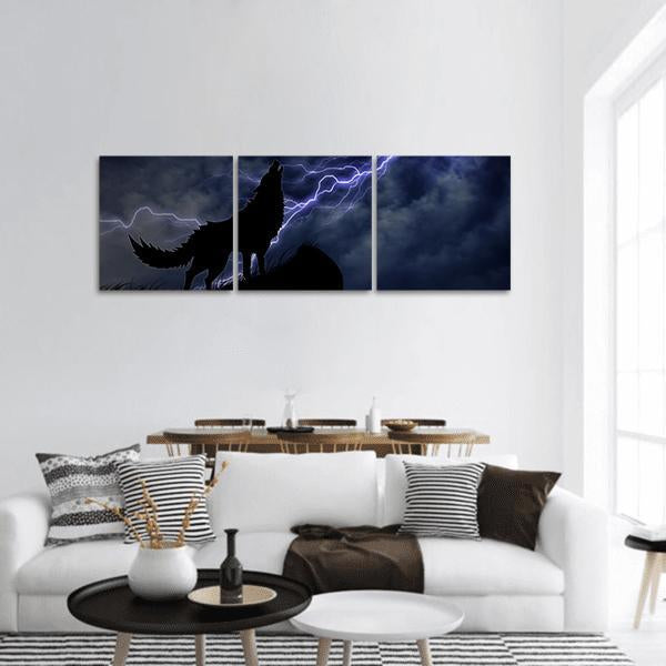 Howling Wolf Silhouette in Thunderstorm Panoramic Canvas Wall Art in black, blue and purple, hung on a wall