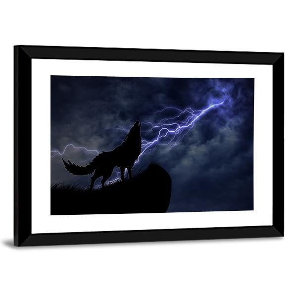 Wolf In Silhouette To Thunderstorm Panoramic Canvas Wall Art-1 Piece-36" x 12"-Tiaracle