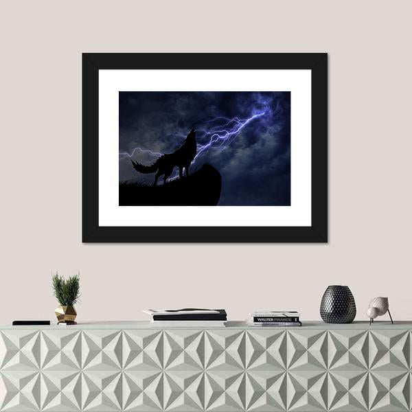 Wolf In Silhouette To Thunderstorm Panoramic Canvas Wall Art-1 Piece-36" x 12"-Tiaracle