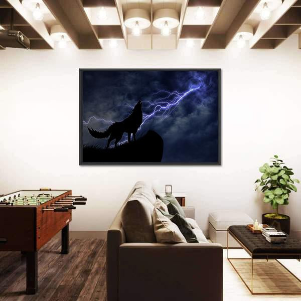 Wolf In Silhouette To Thunderstorm Panoramic Canvas Wall Art-1 Piece-36" x 12"-Tiaracle