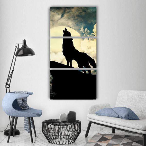 Wolf In Silhouette Vertical Canvas Wall Art-3 Vertical-Gallery Wrap-12" x 25"-Tiaracle